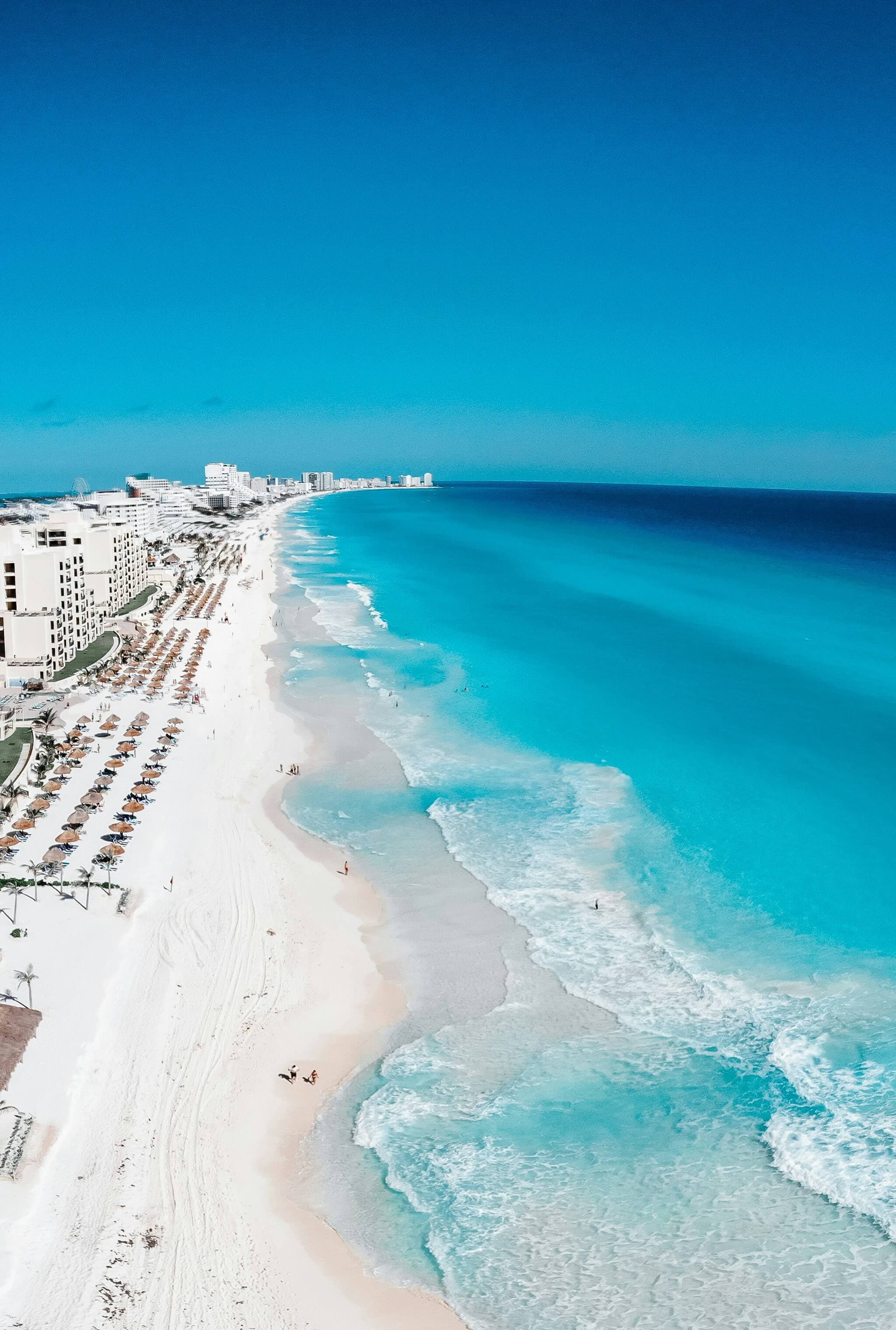 Cancún turquoise coastline with palm trees at golden hour