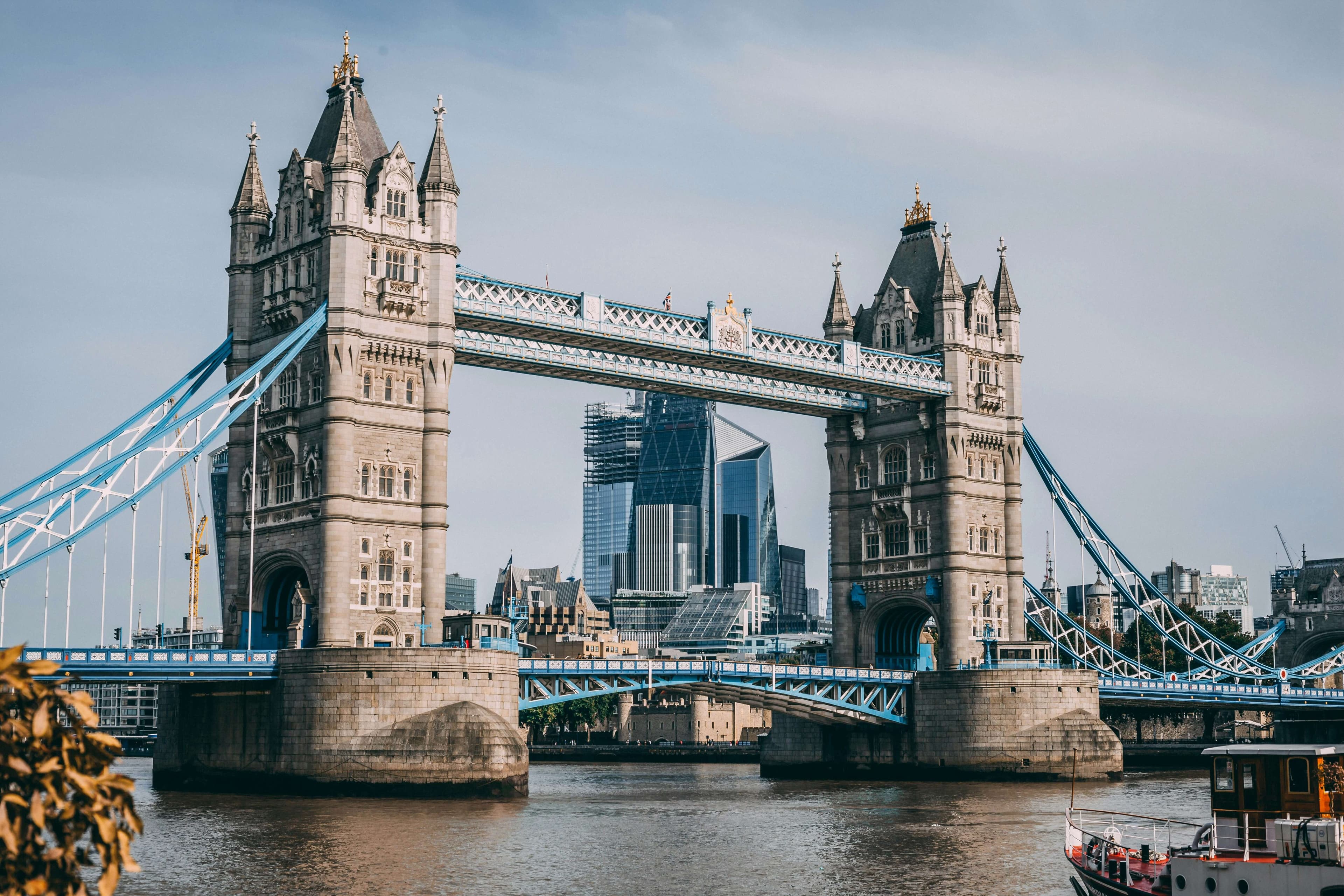 London skyline at dusk with River Thames and Tower Bridge